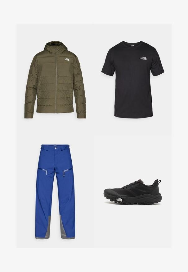 Olijfgroene gewatteerde jas met capuchon, met een ritssluiting aan de voorkant en een wit logo op de linkerkant van de borst. Gladde textuur.; Zwarte T-shirt met korte mouwen van katoen, voorzien van een ronde halslijn en een klein wit logo op de bovenste linkerkant van de borst.; Blauwe waterdichte broek met een rechte snit, voorzien van twee ritszakken en grijze accenten aan de zoom. Gemaakt van duurzaam materiaal.; Zwarte trailrunning schoen met een gestructureerde bovenkant, rubberen zool en versterkte neus. Voorzien van een gevoerde kraag en een trekhaak voor eenvoudig aan- en uittrekken.