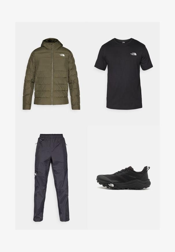 Maslinasto zelena jakna s kapuljačom, s podstavom, kvadratnim dizajnom, prednjim zatvaračem i bijelim logotipom na lijevoj strani prsiju. Glatka tekstura.; Crna majica kratkih rukava od pamuka, s okruglim izrezom i malim bijelim logotipom na gornjem lijevom dijelu prsnog koša.; Crne vodootporne hlače izrađene od laganog, teksturiranog materijala. Imaju elastičnu traku u struku i džepove na zatvarač.; Crne trail trkačke cipele s teksturiranim gornjim dijelom, gumeni potplat i ojačana zaštita za prste. Imaju podstavljen ovratnik i trakicu za lakše obuvanje.