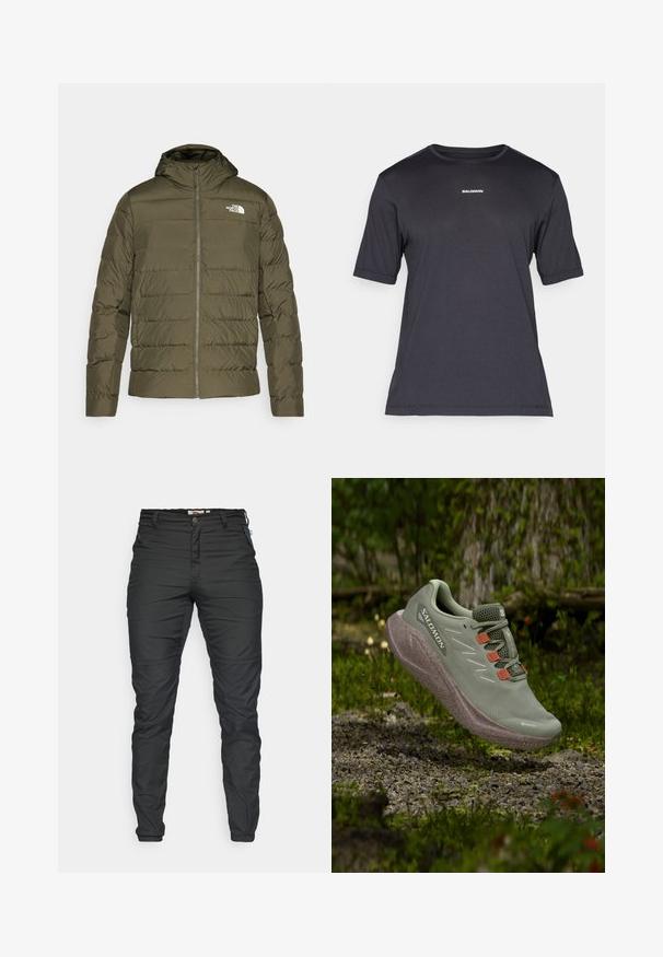 Olívazöld szigetelt dzseki kapucnival, steppelt mintával, elülső cipzárral és fehér logóval a bal mellrészen. Simább textúra.; Fekete rövid ujjú teljesítmény póló lélegző anyagból, kerek nyakkivágással és apró fehér "SALOMON" logóval a mellen.; Fekete, tapadós nadrág strapabíró anyagból. Jellemzői közé tartozik a frontális cipzár, öv kötésére alkalmas húzóhurok és oldalsó cipzáras zsebek. Sima textúra.; Világoszöld Salomon futócipő narancssárga fűzőhurkokkal, lebegve egy kavicsos úton egy erdő környezetében.