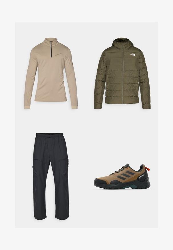 Olivově zelená zateplená bunda s kapucí, prošívaný design, přední zip a bílá logo na levé hrudi. Hladká textura.; Beige dlouhý rukáv košile s vysokým límcem a půlzipem. Obsahuje diagonální šev a diskretní branding na hrudi. Hladká textura.; Černé cargo kalhoty s elastickým pasem, dvěma kapsami na zip a lehkým, hladkým materiálem.; Světlě hnědé turistické boty s černými akcenty, s texturovaným svrškem, gumovou podešví a zesílenou špičkou. Součástí je červené poutko.