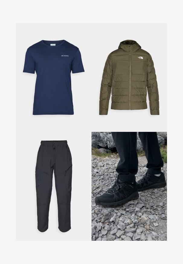 Olive green insulated jacket with a hood, quilted design, front zipper, and white logo on the left chest. Smooth texture.; Short-sleeve navy blue t-shirt made of smooth fabric. Features a round neck and a small white Columbia logo on the left chest.; Black cargo pants made from a lightweight, water-resistant material; features elastic waistband, multiple zippered pockets, and tapered legs.; Black outdoor shoes with mesh and synthetic material, featuring a textured upper, secured lacing system, and a rugged outsole, on rocky terrain.