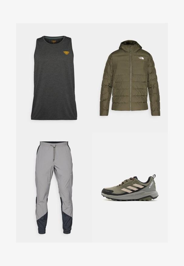 Õlivääris roheline isoleeritud jakk kapuutsiga, tikandiga disain, ees lukuga ning valge logo vasakul rinnal. Sile tekstuur.; Tumehall musteta ilma-särg, valmistatud tekstureeritud materjalist. Omab väikest kollast logo vasaku ülemise rinnaosas.; Kergedatud hallid sportlikud püksid mustade aktsentidega. Elastne vöökoht, stringiga sulgemine, kitsenev jala disain ja küljetaskud.; Olivroheline trail running king koos mustade aksentidega. Omab kolme valget triipu, tekstureeritud kangast ja robustset tallat, mis tagab haarde.