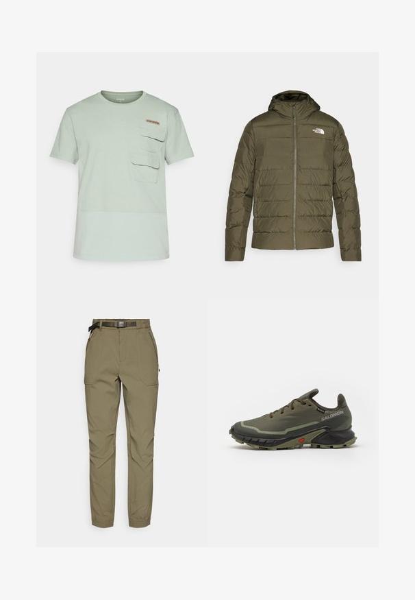 Oliivivihreä eristetty takki hupulla, pussitettua muotoilua, vetoketju edessä ja valkoinen logo vasemmassa rinnassa. Sileä pinta.; Vaaleanvihreä lyhythihainen t-paita, jossa on pyöreä pääntie, kaksi etutaskua ja pieni logopainatus rinnassa. Pehmeä tekstiilimateriaali.; Oliivinvihreät housut, jotka on valmistettu teksturoituneesta kankaasta. Housuissa on vyö, sivutaskut ja joustavat hihnat nilkoissa.; Oliivinvihreät juoksukengät, joissa on teksturoitu kangasvarsi, musta kumipohja, pyöreä kärki ja säädettävä nauhakuvio. Varustettu punaisella korostuksella.