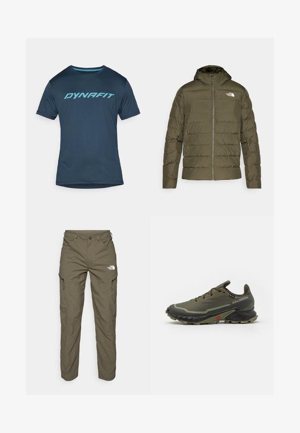 Olívazöld szigetelt dzseki kapucnival, steppelt mintával, elülső cipzárral és fehér logóval a bal mellrészen. Simább textúra.; Tengerés kék, rövid ujjú sportpóló, turquoise "DYNAFIT" logóval a mellkasán, könnyű, légáteresztő anyagból készült.; Olíva zöld kültéri nadrág könnyű anyagból, cargo zsebekkel, cipzáras díszítéssel, és logóval a comb felső részén.; Olíva zöld futócipők texturált szövet felső résszel, fekete gumitalppal, kerek orral és állítható fűzős kialakítással. Piros díszítéssel rendelkezik.