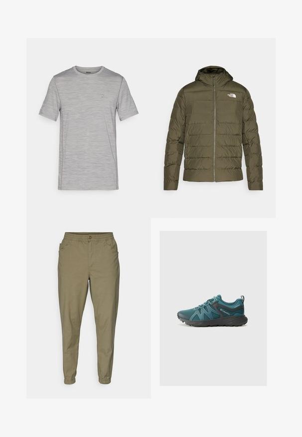 Olive green insulated jacket with a hood, quilted design, front zipper, and white logo on the left chest. Smooth texture.; Gray heathered short-sleeve t-shirt with a round neckline, textured fabric, and a small logo accent on the chest. Lightweight design.; Light olive green pants with an elastic waistband, button closure, side pockets, and tapered legs with elastic cuffs. Soft, smooth fabric.; Columbia PEAKFREAK ROAM - Hiking shoes - everblue/dark grey