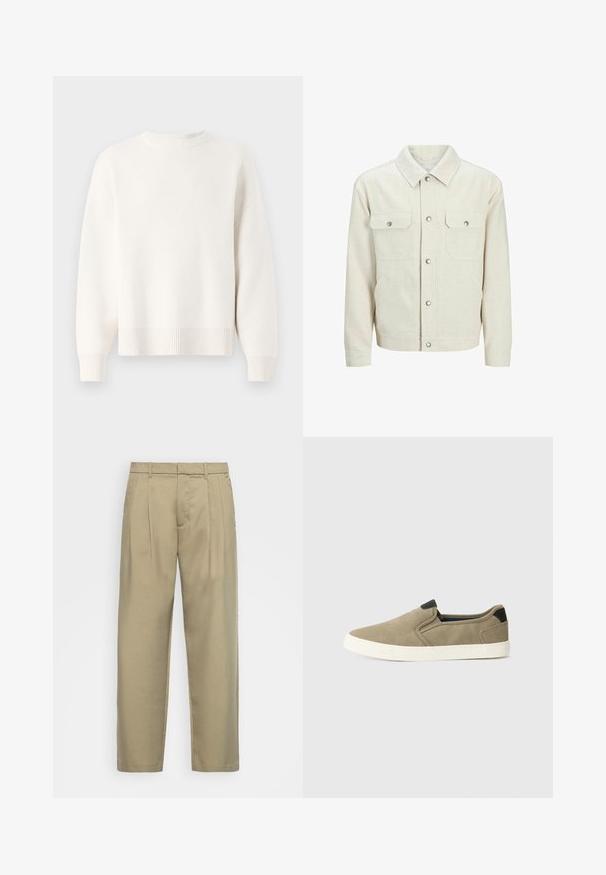 Beige button-up jacket made from textured fabric. Features two front chest pockets, snap buttons, and a classic collar design.; White knit sweater with a round neckline, dropped shoulders, and ribbed hem. Soft texture and loose fit.; Beige, high-waisted trousers with a straight cut, featuring a flat front, side pockets, and a smooth, textured fabric.; Taupe slip-on shoes with a textured fabric upper, contrasting black heel accent, and white rubber sole. Perforated design for breathability.
