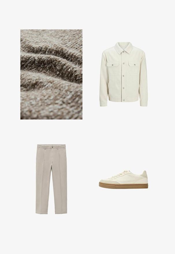 Beige Freizeitjacke aus strukturiertem Stoff. Verfügt über zwei Brusttaschen, Druckknöpfe und ein klassisches Kragen-Design.; Strukturierter brauner Stoff mit einem flauschigen Erscheinungsbild, das eine Mischung aus hellen und dunklen Fasern zeigt und ein gewebtes Muster sowie unterschiedliche Dicken aufweist.; Helle beige Hose aus einem Baumwollgemisch mit geradem Bein, Frontfalten, einem Knopfverschluss und Seitentaschen.; Weißes Leder-Sneaker-Modell mit beigen Akzenten und einer strukturierten Gummisohle. Verfügt über eine tonal abgestimmte Nähte und ein rundes Zehendesign.