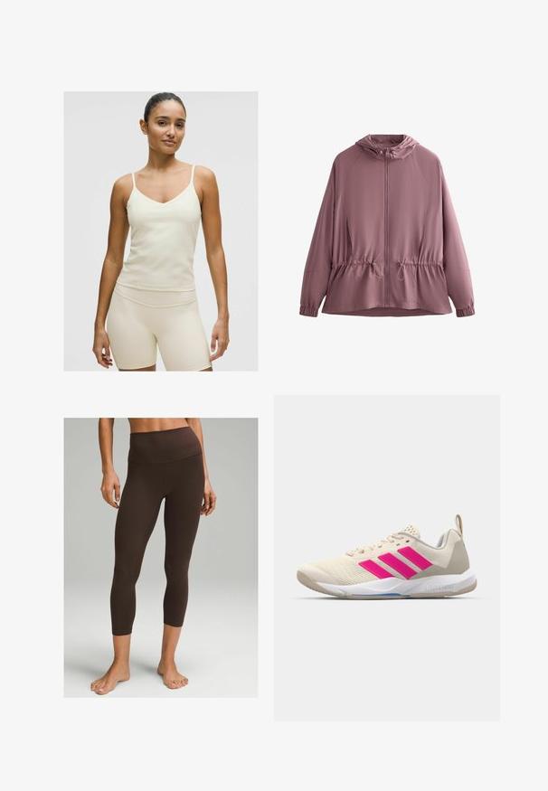 Lekka, kapturowa kurtka z miękkiego materiału w odcieniu mauve. Posiada zamek błyskawiczny z przodu, elastyczny pas z sznurkiem oraz długie rękawy typu raglan.; Jasno-beżowy sportowy top na ramiączkach z cienkimi paskami, dekoltem w serek i gładkiego materiału. W połączeniu z dopasowanymi szortami w tym samym kolorze.; lululemon - Rajstopy; Beżowy but sportowy z różowym logo w postaci trzech pasków, teksturowana siateczka na górze, wyściełany kołnierz i biały gumowy spód, z brandingiem "LIGHTSTRIKE".