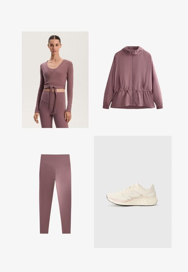 Lekka, kapturowa kurtka z miękkiego materiału w odcieniu mauve. Posiada zamek błyskawiczny z przodu, elastyczny pas z sznurkiem oraz długie rękawy typu raglan.; Prążkowany top w stylu kopertowym w przybrudzonej mauve, z długimi rękawami i wiązaniem w talii, zestawiony z dopasowanymi legginsami o wysokim stanie.; Legginsy o wysokim stanie, przylegające do ciała w stonowanym odcieniu mauve, wykonane z gładkiego, elastycznego materiału. Bezszwowa konstrukcja bez widocznych elementów metalowych.; Jasno beżowy but do biegania z teksturowaną siateczką u góry, różową linią akcentu, amortyzowaną podeszwą i odbijającym srebrnym logo po bokach.