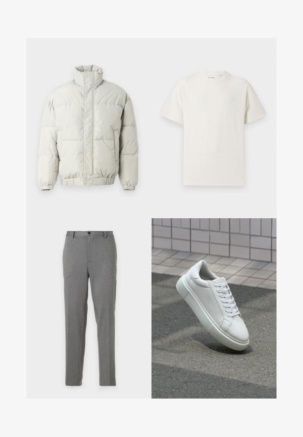 Only & Sons ONSALPHA PUFFER JACKET - Vinterjakke - mirage gray; Hvit T-skjorte med kort erm i ribbestrikket tekstur. Rund hals, avslappet passform, ingen synlige mønstre eller detaljer. Enkelt og allsidig design.; Grå skreddersydde bukser med en jevn tekstur, lett mønster, glidelås og knappelukking, med frontlommer og avsmalnende ben.; Hvit lær sneaker med glatt overflate, rund tå og flate hvite snøringer. Har en teksturert gummisåle og minimale design elementer.