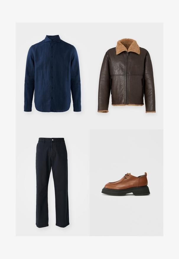 Ruskea nahkatakki, jossa on vaaleanruskea lammasvillakaulus. Takissa on etuvetoketju, sivutaskut ja hieman löysä istuvuus tekstuurilla.; Tummansininen pellavapaita pitkällä hihalla, jossa on terävä kaulus, etupainonappi ja teksturoitu kangas. Pyöristetyt helmat ja napilliset hihansuut.; Tummansininen puuvillahousut suoran lahkeen muotoilulla, etumuksessa nappisuljenta ja kaksi sivutaskua. Tasainen tekstuuri, ei näkyviä kuvioita.; Ruskea nahkakenkä, jossa on pyöreä varvas, nauhakiinnitys ja paksu musta kerrospohja. Erityinen rakenteellinen muotoilu ja textuuri.