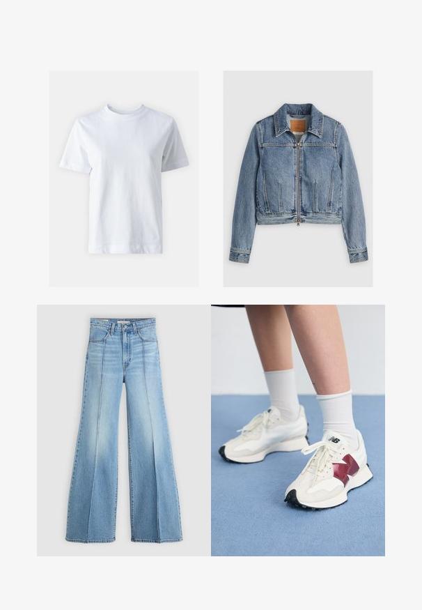 Világoskék farmerdzseki cipzárral elöl, hegyes gallérral és két elülső zsebbel. Kirakott díszítéssel és rövidített fazonnal rendelkezik.; Fehér pamut póló kerek nyakkal, rövid ujjal, egyenes szabással és sima textúrával. Nincsenek minták vagy díszítések.; Világoskék, magas derekú farmernadrág széles lábakkal, elülső és hátsó zsebekkel, övbújtatókkal, és függőleges varráselemekkel az elején.; Fehér sneaker pár, bordó kiegészítőkkel, texturált panelekkel, lapos fekete talppal és világos fűzőkkel, fehér bokazoknival viselve.
