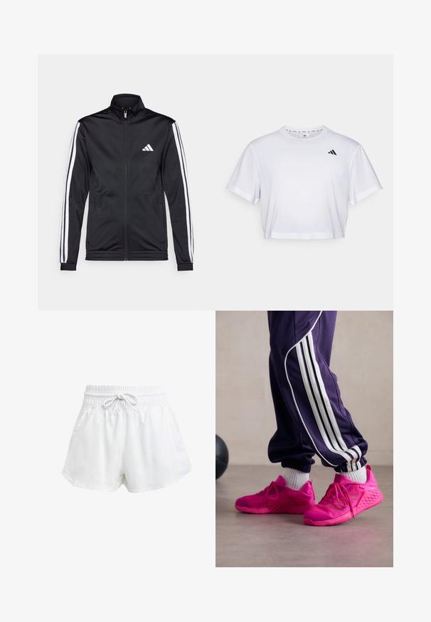Svart idrottsjacka med hög krage, frontdragkedja och vita accentlinjer längs armarna. Har en broderad vit logotyp på bröstet.; Vit kortärmad t-shirt i mjukt material, med rund halsringning. Svart logotyp på vänster bröst.; Vita träningsshorts med elastisk midja och justerbar dragsko. Tillverkade av lätt material, med sidofickor och en lös passform.; Rosa sportskor med nät- och gummimaterial, med en texturerad sula, snörning och en lättviktig design. Kombinerad med lila träningsoverallbyxor.