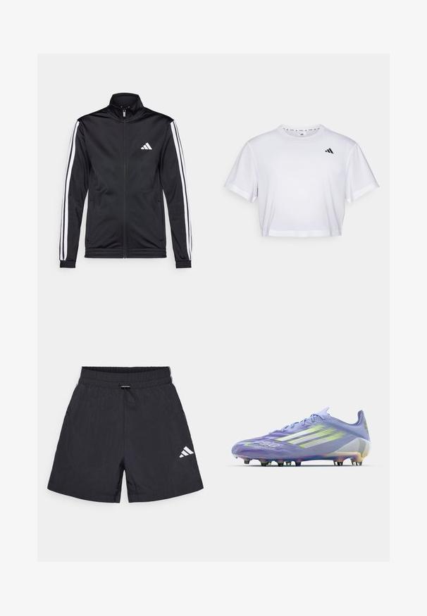 Jachetă sport neagră cu guler înalt, fermoar frontal și dungi albe pe umeri. Prezintă un logo alb brodat pe piept.; Tricou alb scurt dintr-un material moale, cu mâneci scurte și decolteu rotund. Logo negru pe partea stângă a pieptului.; Şorturi atletice negre, confecționate dintr-un material ușor, având talie elastică, șnur de ajustare și detalii cu logo alb în partea de jos.; Ciorap de fotbal violet deschis cu accente iridiscent, model texturat pe partea superioară, șase cuie negre și trei dungi albe pe lateral.