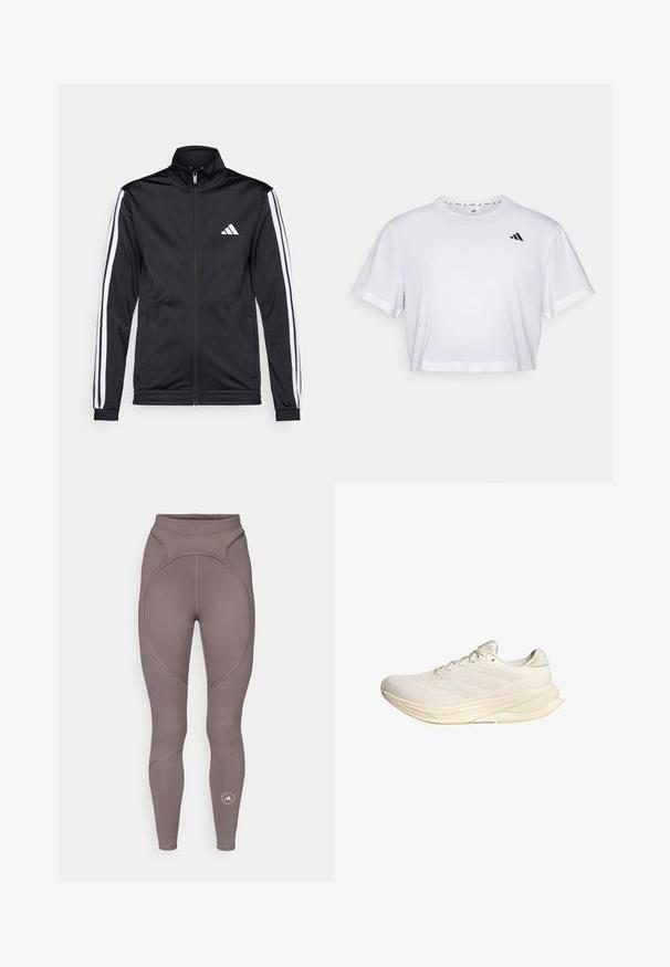 Black athletic jacket with a high collar, front zipper, and white accent stripes along the arms. Features an embroidered white logo on the chest.; White cropped t-shirt made from soft fabric, featuring short sleeves and a round neckline. Black logo on the left chest.; adidas by Stella McCartney Leggings - charcoal; Light beige athletic shoe with a mesh upper, flat laces, and a cushioned sole. Features three stripes design on the lateral side.