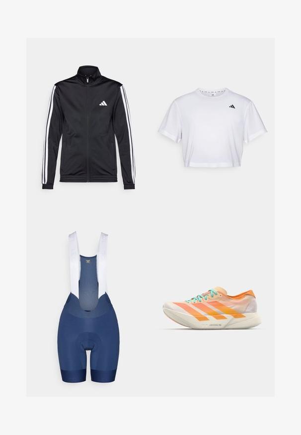 Čierna športová bunda s vysokým golierom, predným zipsom a bielymi akcentmi pozdĺž rukávov. Obsahuje vyšívané biele logo na hrudi.; Biely skrátený tričko vyrobené z mäkkého materiálu, s krátkymi rukávmi a okrúhlym výstrihom. Čierne logo na ľavej hrudi.; Námorné cyklistické kraťasy s bielymi nastaviteľnými ramienkami, vypchávkovaným sedlom a hladkým povrchom. Obsahuje detail loga na leme nohavíc.; Bežecká obuv so zmiešaným dizajnom v oranžovej, broskyňovej a bielej farbe. Obsahuje tri biele pruhy a svetlomodré šnúrky.