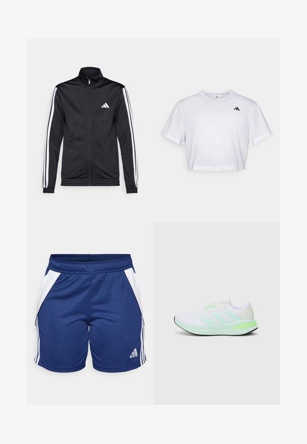 Černá sportovní bunda s vysokým límcem, předním zipem a bílými akcentovacími pruhy na rukávech. Obsahuje vyšitý bílý logo na prsou.; Bílý zkrácený tričko vyrobené z měkké látky, s krátkými rukávy a kulatým výstřihem. Černé logo na levé hrudi.; Námořnické modré sportovní šortky s bílými bočními panely, vyrobené z hladké tkaniny, s elastickým pasem a logem Adidas na lemu.; Bílé sportovní boty s horní částí z prodyšné síťoviny, limetkovými akcenty a černou podrážkou. Obsahují design se třemi pruhy na boku a polstrovaný límec.