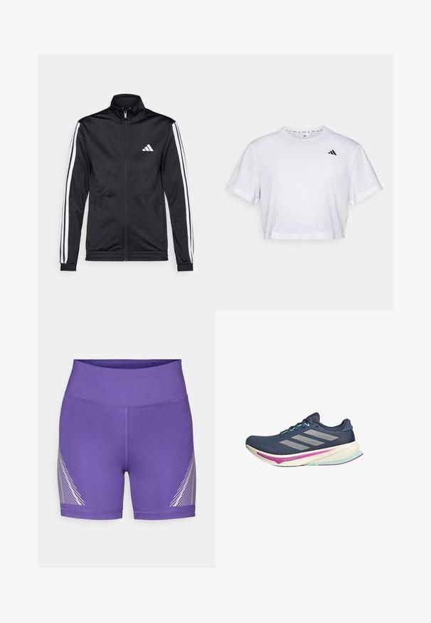 Black athletic jacket with a high collar, front zipper, and white accent stripes along the arms. Features an embroidered white logo on the chest.; White cropped t-shirt made from soft fabric, featuring short sleeves and a round neckline. Black logo on the left chest.; Purple athletic shorts made of stretch fabric with a high waistband and a diagonal white line pattern on the left side.; Navy running shoe with mesh upper, silver stripes, mint accents, and cushioned sole featuring pink and teal detailing for comfort.