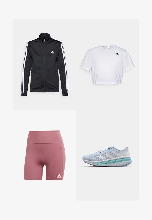 Chaqueta deportiva negra con cuello alto, cremallera frontal y franjas de acento blancas a lo largo de las mangas. Presenta un logo blanco bordado en el pecho.; Camiseta blanca recortada hecha de una tela suave, con mangas cortas y un escote redondo. Logo negro en el lado izquierdo del pecho.; Pantalones cortos deportivos rosas hechos de una tela suave, con una cintura alta, un bolsillo lateral y un logotipo de tres rayas blancas en el borde inferior.; Zapatillas deportivas azul claro con un upper de punto texturizado, acentos blancos y una suela intermedia verde transparente. Punta redondeada y cuello acolchado.