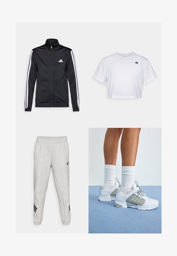 Casaco atlético preto com gola alta, fecho frontal e riscas brancas ao longo das mangas. Apresenta um logótipo branco bordado no peito.; T-shirt branca corta feita de tecido suave, com mangas curtas e decote redondo. Logotipo preto no lado esquerdo do peito.; Calças de treino cinzentas claras com um cós elástico ribado, pernas estreitas e três riscas diagonais pretas perto das bainhas. Textura suave.; Ténis atléticos brancos com um cabedal em malha, detalhes texturizados e acabamentos cinzentos. Os atacadores são prateados, acompanhados por meias brancas caneladas.