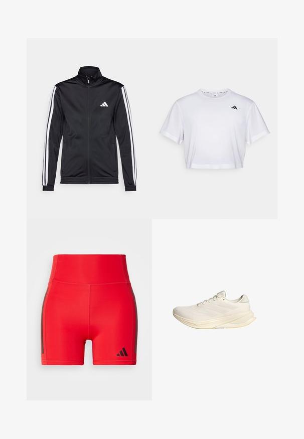 Black athletic jacket with a high collar, front zipper, and white accent stripes along the arms. Features an embroidered white logo on the chest.; White cropped t-shirt made from soft fabric, featuring short sleeves and a round neckline. Black logo on the left chest.; Red athletic shorts with a high waistband, made of stretchy material, featuring black side stripes and an embossed logo in the lower corner.; Light beige athletic shoe with a mesh upper, flat laces, and a cushioned sole. Features three stripes design on the lateral side.