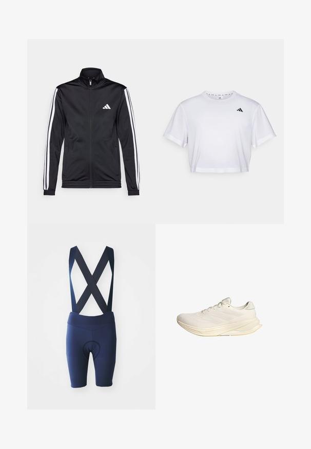Casaco atlético preto com gola alta, fecho frontal e riscas brancas ao longo das mangas. Apresenta um logótipo branco bordado no peito.; T-shirt branca corta feita de tecido suave, com mangas curtas e decote redondo. Logotipo preto no lado esquerdo do peito.; Calças de ciclismo em azul-marinho com alças cruzadas, tecido respirável, zona da cadeira almofadada e detalhes texturizados ao longo das pernas.; Sapatilha desportiva bege claro com parte superior em malha, atacadores planos e sola acolchoada. Apresenta um design de três riscas no lado lateral.