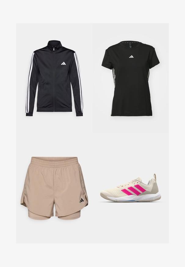 Svart treningsjakke med høy krage, frontglidelås og hvite stripe aksenter langs armene. Har et brodert hvitt logo på brystet.; Svart atletisk t-skjorte med korte ermer, laget av syntetisk materiale. Har en liten hvit logo på brystet og hvite striper på sidene.; Beige sportsbukser med elastisk linning, med sidespalter og indershorts. Sort Adidas-logo nederst til venstre. Glat stofstruktur.; Beige atletik sko med rosa tre-stripes logo, teksturert mesh-overdel, polstret krage og hvit gummisåle, med "LIGHTSTRIKE" merke.