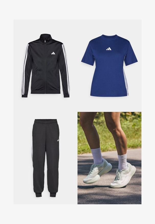 Musta urheilutakki, jossa on korkea kaulus, etuvetoketju ja valkoiset sivuviivat hihoissa. Takissa on brodeerattu valkoinen logo rinnassa.; T-paita, jossa on lyhyet hihat, tummansinisestä puuvillasta, korkealla kaula-aukolla, valkoisella logolla ja erottuvilla valkoisilla sivusuorilla.; Mustat urheiluhousut, joissa on joustava vyötärö, kapenevat nilkat ja valkoiset sivuraidat. Valmistettu pehmeästä kankaasta, jossa on sileä pinta.; Valaise minttivihreät urheilukengät, joissa on sileä pinta, pyöreä kärki ja paksu pohja. Yhdistettynä valkoisiin nilkkasukkaihin, esitetty liikkeessä polulla.