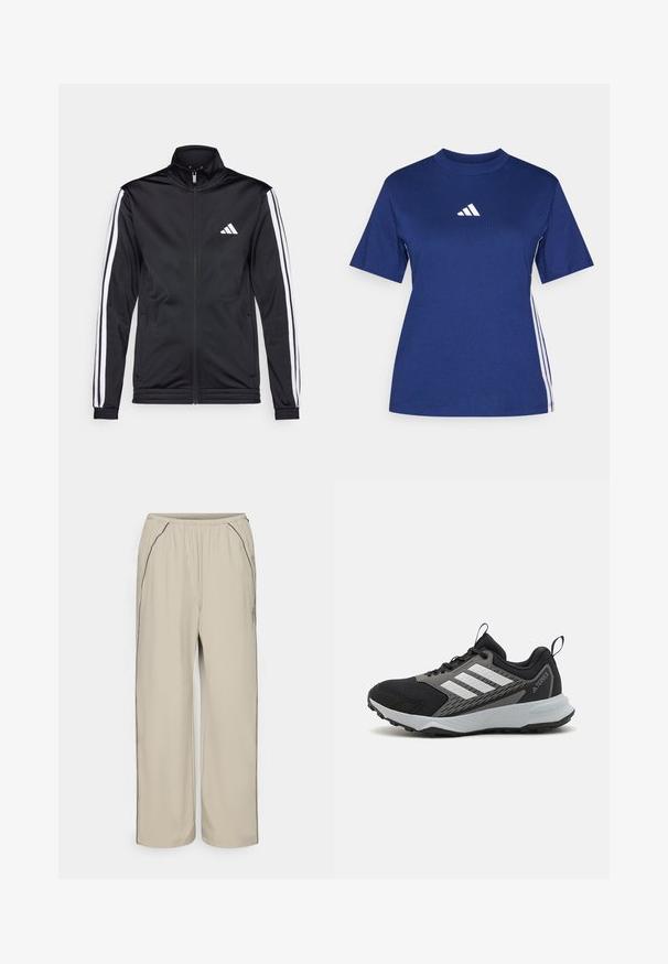 Mustmust mustrendiga jakki, millel on kõrge krae, eesnepp ja valged aktsenttriibud käte ääres. Selles on tikandina valge logo rinnal.; Tumesinine lühikeste varrukatega t-särk, mis on valmistatud puuvillast ja millel on kõrge kaelus, valge logo ning kontrastsed valged külgribad.; Beežid, kerged püksid elastse vöökohtaga, küljetaskud ja kontrastse musta õmbluse detailid. Sirge jala disain, sile tekstuur.; Mustad mustus sportlik king, hallide detailidega, koos tekstureeritud võrkkattega, kolme valge triibuga ja kummist tallaga, mis tagab haarde.