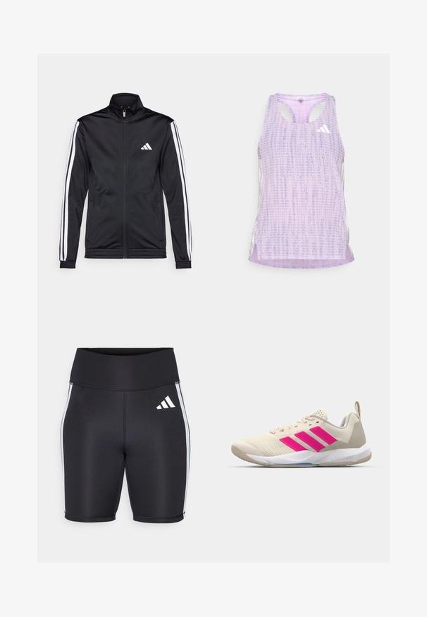 Casaco atlético preto com gola alta, fecho frontal e riscas brancas ao longo das mangas. Apresenta um logótipo branco bordado no peito.; Top desportivo roxo com um tecido texturizado e padrão. Apresenta recortes nas laterais e um pequeno logotipo branco na parte da frente.; Calções atléticos pretos com uma cintura alta, riscas brancas nas laterais e um pequenologótipo branco. Tecido suave com um design ajustado.; Sapata atlética bege com logotipo de três riscas cor-de-rosa, parte superior em malha texturizada, colarinho acolchoado e sola de borracha branca, apresentando a marca "LIGHTSTRIKE".