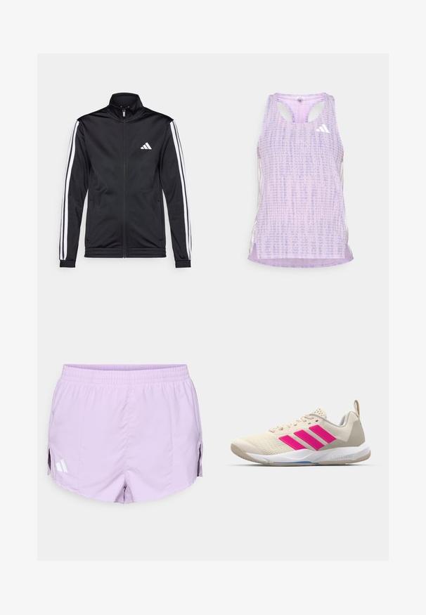 Musta urheilutakki, jossa on korkea kaulus, etuvetoketju ja valkoiset sivuviivat hihoissa. Takissa on brodeerattu valkoinen logo rinnassa.; Violetti urheilualuspaita, jossa on kuvioitu, tekstuurinen kangas. Sisältää aukolliset sivut ja pienen valkoisen logon edessä.; Lila urheilushortsit, joissa on joustava vyötärö, sivuhalkiot ja kolme valkoista raitaa logona vasemmalla puolella. Kevyt, sileä kangas.; Beige urheilujalkine, jossa on vaaleanpunainen kolmonen-striippi-logo, teksturoitu verkko-yläosa, pehmustettu kaulus ja valkoinen kumipohja, jossa on "LIGHTSTRIKE" -brändäys.