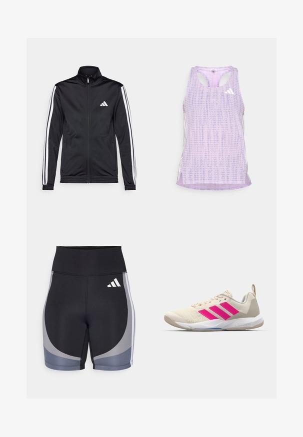 Casaco atlético preto com gola alta, fecho frontal e riscas brancas ao longo das mangas. Apresenta um logótipo branco bordado no peito.; Top desportivo roxo com um tecido texturizado e padrão. Apresenta recortes nas laterais e um pequeno logotipo branco na parte da frente.; Calções atléticos pretos com detalhes cinzentos. Feitos de material elástico, com uma cintura alta e um design de painéis laterais com o logótipo da marca em branco.; Sapata atlética bege com logotipo de três riscas cor-de-rosa, parte superior em malha texturizada, colarinho acolchoado e sola de borracha branca, apresentando a marca "LIGHTSTRIKE".