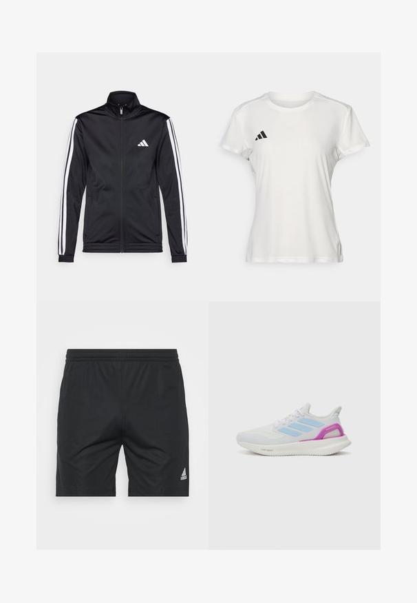 Mustmust mustrendiga jakki, millel on kõrge krae, eesnepp ja valged aktsenttriibud käte ääres. Selles on tikandina valge logo rinnal.; Valge sportlik t-särk niiskust eemal hoidvast kangast. Lühikesed varrukad, ümar kaelus, must logo ja kolme triibu embleem vasakul rinnal.; Mustad mustad spordilühikesed, mis on valmistatud siledast kangast, elastse vöökoha, sirge lõike ja alumises paremas nurgas hõbedase Adidas logo leidmisega.; adidas Performance PUREBOOST 5 - Maanteejooksu jalatsid - white/glow blue/purple burst