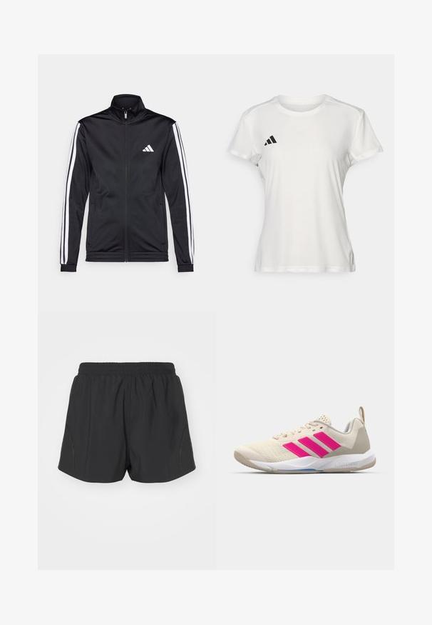 Črna športna jakna z visokim ovratnikom, sprednjim zadrgo in belimi stranskimi črtami po rokavih. Ima vezen beli logotip na prsih.; Bela športna majica iz tkanine, ki odvaja vlago. Kratke rokave, okroglo izrezan vrat, vsebuje črn logotip in emblem s tremi črtami na levem prsnem delu.; Črne tekaške kratke hlače z elastičnim pasom, lahka tkanina in teksturiran dizajn z diskretnimi stranskimi detajli.; Bežni atletski čevlji z rožnatim logotipom s tremi črtami, teksturiran zgornji del iz mrežaste tkanine, oblazinjen ovratnik in bel gumijast podplat, ki nosi blagovno znamko "LIGHTSTRIKE".