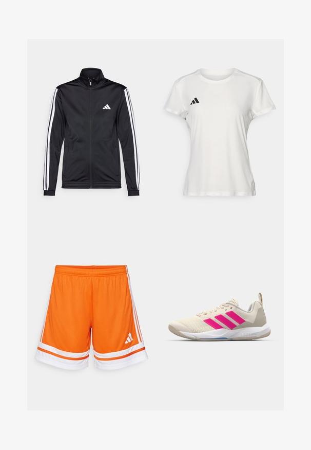 Black athletic jacket with a high collar, front zipper, and white accent stripes along the arms. Features an embroidered white logo on the chest.; White athletic t-shirt made of moisture-wicking fabric. Short sleeves, crew neck, features black logo and three-stripe emblem on left chest.; Orange sports shorts featuring a textured fabric, white accents, and three white stripes along the sides. Elastic waistband for comfort.; Beige athletic shoe with pink three-stripe logo, textured mesh upper, padded collar, and white rubber sole, featuring "LIGHTSTRIKE" branding.