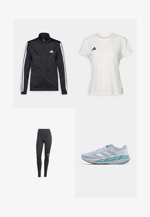 Jachetă sport neagră cu guler înalt, fermoar frontal și dungi albe pe umeri. Prezintă un logo alb brodat pe piept.; Tricou sportiv alb din material care absoarbe umezeala. Mâneci scurte, guler rotund, cu logo negru și emblemă cu trei dungi pe pieptul stâng.; Leggings atletice negre cu talie înaltă, având un buzunar lateral și un logo alb pe partea inferioară a piciorului stâng. Materialul pare a fi respirabil.; Încălțăminte sport de culoare albastră deschisă, cu un material superior texturat din tricot, accente albe și o talpă intermediară verde transparentă. Vârf rotunjit și guler căptușit.