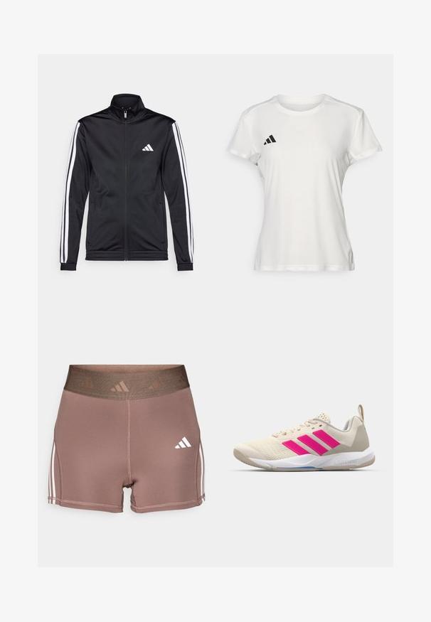 Casaco atlético preto com gola alta, fecho frontal e riscas brancas ao longo das mangas. Apresenta um logótipo branco bordado no peito.; T-shirt atlético branco feito de tecido que afasta a humidade. Mangas curtas, gola redonda, apresenta um logotipo preto e um emblema de três riscas no lado esquerdo do peito.; Calças curtas atléticas castanhas com uma cintura larga e texturizada. Apresenta realces brancos em três riscas ao longo dos lados e um pequeno logótipo branco.; Sapata atlética bege com logotipo de três riscas cor-de-rosa, parte superior em malha texturizada, colarinho acolchoado e sola de borracha branca, apresentando a marca "LIGHTSTRIKE".