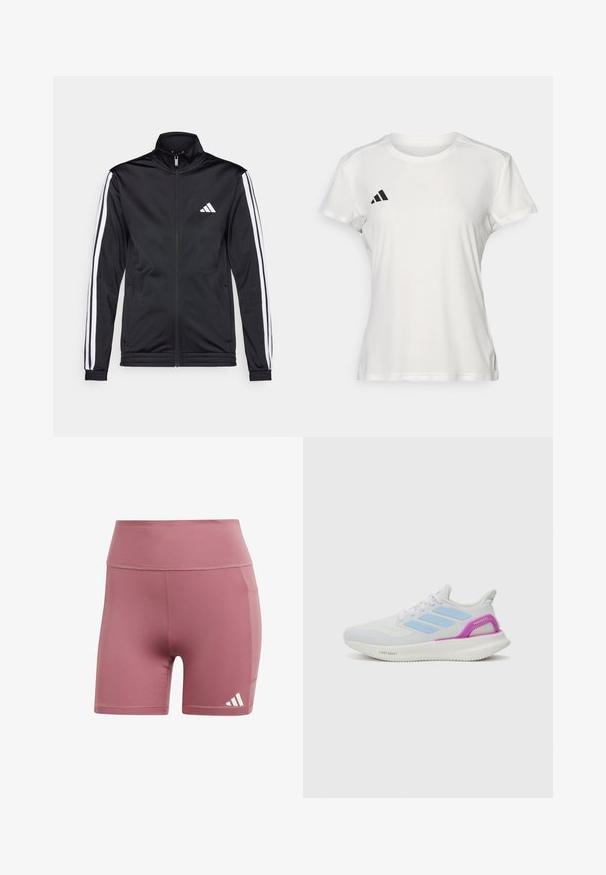 Black athletic jacket with a high collar, front zipper, and white accent stripes along the arms. Features an embroidered white logo on the chest.; White athletic t-shirt made of moisture-wicking fabric. Short sleeves, crew neck, features black logo and three-stripe emblem on left chest.; Pink athletic shorts made of smooth fabric, featuring a high waistband, side pocket, and a white three-stripe logo on the lower edge.; adidas Performance PUREBOOST 5 - Road running shoes - white/glow blue/purple burst