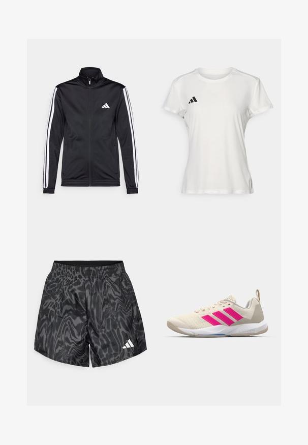 Čierna športová bunda s vysokým golierom, predným zipsom a bielymi akcentmi pozdĺž rukávov. Obsahuje vyšívané biele logo na hrudi.; Biely športový tričko vyrobené z tkaniny odvádzajúcej vlhkosť. Krátke rukávy, okrúhly výstrih, s čiernym logom a emblémom s tromi pruhmi na ľavej hrudi.; Čierne športové šortky s vlnitým šedým vzorom, elastickým pásom a bočnými zárezmi. Na dolnej ľavej strane je biele logo.; Béžová atletická obuv s ružovým logom trojpruhov, textúrovaný sieťový zvršok, polstrovaný golier a biela gumová podrážka s označením "LIGHTSTRIKE".