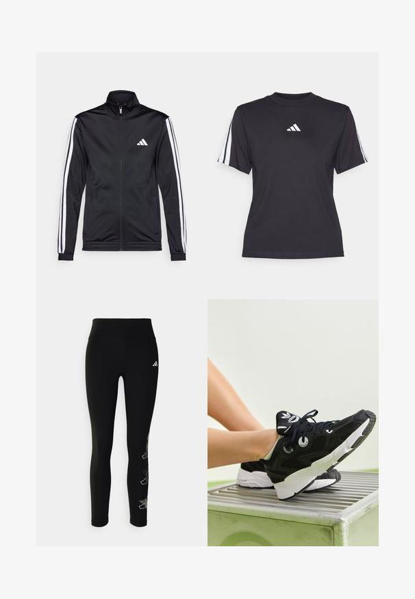 Černá sportovní bunda s vysokým límcem, předním zipem a bílými akcentovacími pruhy na rukávech. Obsahuje vyšitý bílý logo na prsou.; Černé sportovní tričko vyrobené z měkkého materiálu, s kulatým výstřihem, krátkými rukávy a třemi bílými pruhy na každém rameni. Bílé logo na hrudi.; Černé legíny vyrobené z elastického materiálu, s vysokým pasem a reflexní logem na bocích, s geometrickým akcentem na nohách.; Černé sportovní tenisky s vrchní částí z prodyšné síťoviny a syntetického materiálu, bílou mezipodešví a kulatými očky. Mají logo na jazyku značky a silnou gumovou podrážku.