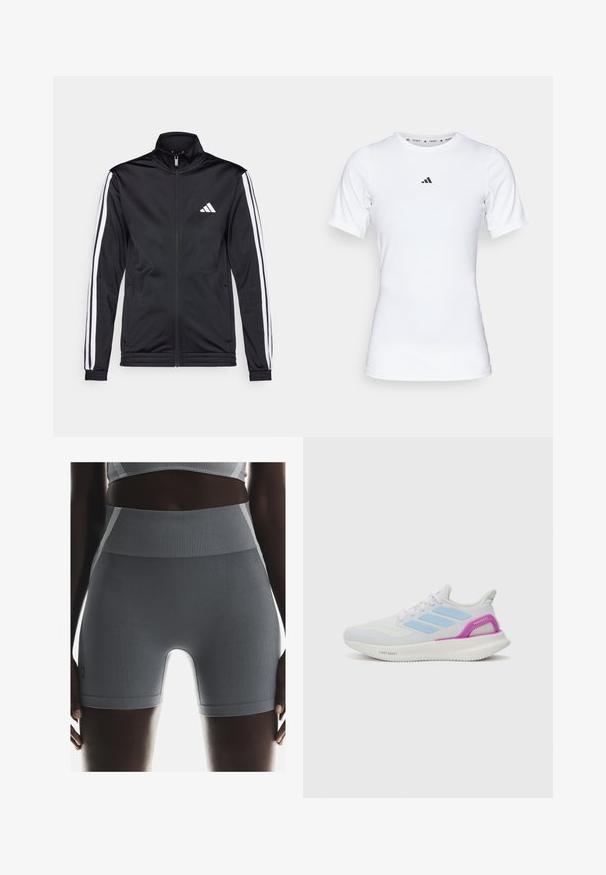 Black athletic jacket with a high collar, front zipper, and white accent stripes along the arms. Features an embroidered white logo on the chest.; White athletic shirt with short sleeves, made of smooth, stretch fabric. Features a small black Adidas logo on the chest.; Gray ribbed athletic shorts feature a high waistband, a smooth texture, and a fitted shape, complemented by a small brand label on the side.; adidas Performance PUREBOOST 5 - Road running shoes - white/glow blue/purple burst