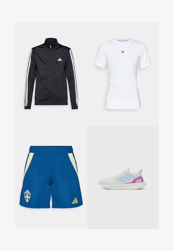 Jachetă sport neagră cu guler înalt, fermoar frontal și dungi albe pe umeri. Prezintă un logo alb brodat pe piept.; Cămașă sport albă cu mâneci scurte, realizată dintr-un material neted și elastic. Prezintă un mic logo Adidas negru pe piept.; Pantaloni scurți atletici de culoare albastră, cu un accent galben pe laterale, o emblemă brodată a Suediei și logo-ul Adidas în galben în colțul din dreapta jos.; adidas Performance PUREBOOST 5 - Pantofi de alergare pe asfalt - white/glow blue/purple burst