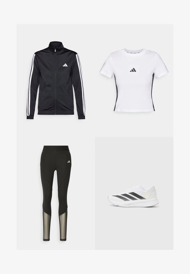 Sort atletisk jakke med høj krave, for-zip og hvide accentstriber langs armene. Har et broderet hvidt logo på brystet.; Hvid t-shirt med korte ærmer lavet af bomuld, der har et sort Adidas-logo i et firkantet patch og sorte sideaccenter. Klassisk rund halsudskæring.; Sorte atletiske leggings med høj talje, der har mesh-detaljer nederst på benene og et broderet logo på hoften.; Hvide sportsko med sorte diagonale striber, mesh-overdel, rund tå og tekstureret sål. Accenter inkluderer en sølv hæl og et minimalistisk design.