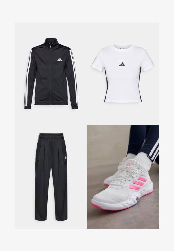 Black athletic jacket with a high collar, front zipper, and white accent stripes along the arms. Features an embroidered white logo on the chest.; White short-sleeve t-shirt made from cotton, featuring a black Adidas logo in a square patch and black side accents. Classic crew neckline.; Black athletic pants with pleats, elastic waistband, and side stripes. Made from smooth fabric, featuring the Adidas logo in white.; White athletic shoes with pink stripes and soles, worn with white Adidas socks and navy pants with white stripes, on a gray floor.