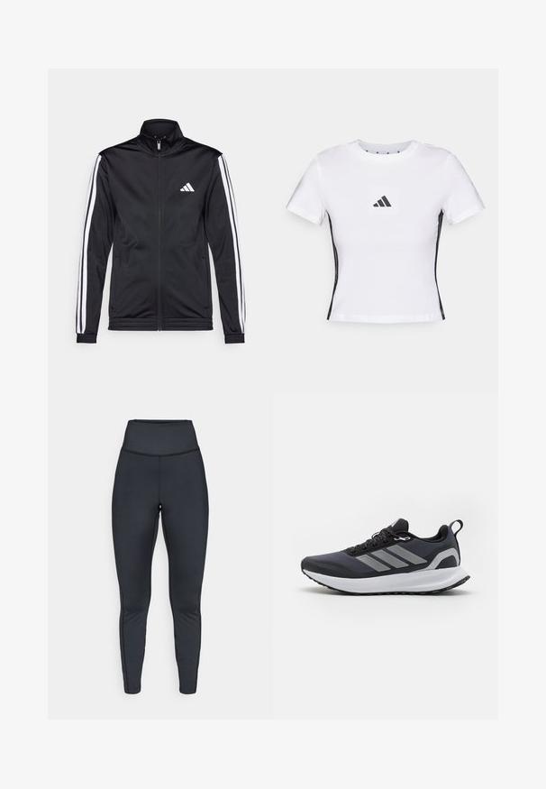 Black athletic jacket with a high collar, front zipper, and white accent stripes along the arms. Features an embroidered white logo on the chest.; White short-sleeve t-shirt made from cotton, featuring a black Adidas logo in a square patch and black side accents. Classic crew neckline.; High-waisted black athletic leggings with flat seams, designed for a snug fit and flexibility.; Black athletic shoe with mesh upper, white midsole, textured rubber outsole, and three grey stripes on the side. Features laces and a pull tab.