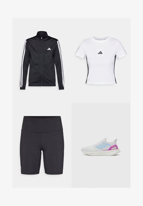 Sort atletisk jakke med høj krave, for-zip og hvide accentstriber langs armene. Har et broderet hvidt logo på brystet.; Hvid t-shirt med korte ærmer lavet af bomuld, der har et sort Adidas-logo i et firkantet patch og sorte sideaccenter. Klassisk rund halsudskæring.; Sorte atletiske shorts lavet af strækbart stof, med en høj talje og flade syninger. Designet til komfort og bevægelighed.; adidas Performance PUREBOOST 5 - Løbesko til landevejen - white/glow blue/purple burst