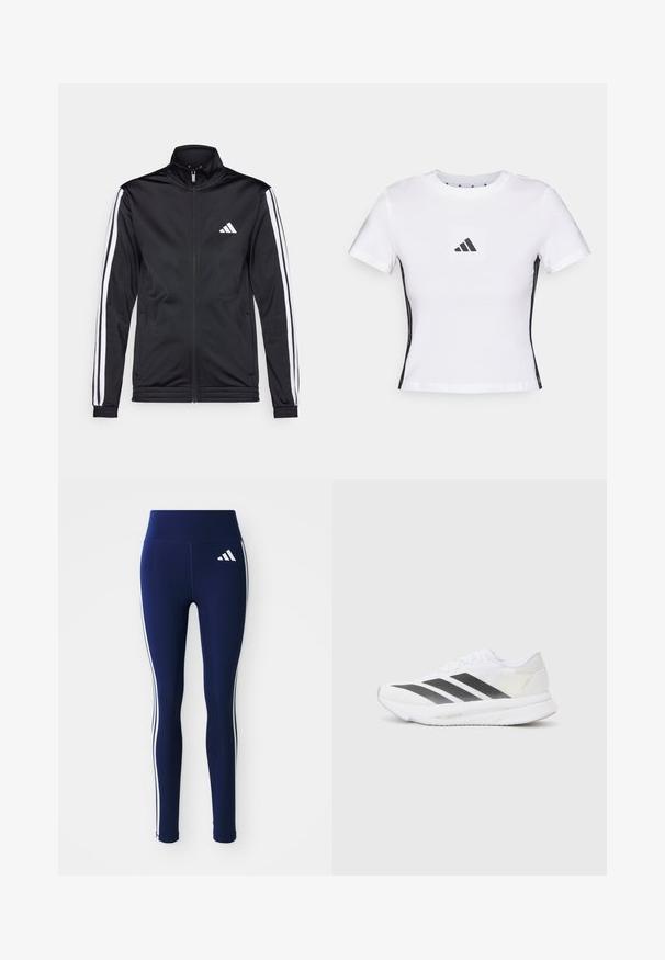 Black athletic jacket with a high collar, front zipper, and white accent stripes along the arms. Features an embroidered white logo on the chest.; White short-sleeve t-shirt made from cotton, featuring a black Adidas logo in a square patch and black side accents. Classic crew neckline.; Navy leggings made from stretchy fabric, featuring a high waistband and white side stripes. A small white logo is visible on the upper thigh.; White athletic shoe with black diagonal stripes, mesh upper, rounded toe, and textured sole. Accents include a silver heel and minimalistic design.