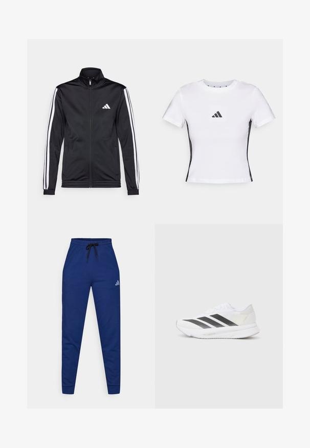 Svart treningsjakke med høy krage, frontglidelås og hvite stripe aksenter langs armene. Har et brodert hvitt logo på brystet.; Hvit kortermet t-skjorte laget av bomull, med en svart Adidas-logo i et kvadratisk merke og svarte sidelister. Klassisk rund hals.; Blå bomulls joggebukser med elastisk midje, justerbar svart snøring og en liten hvit logo på venstre lår. Tett design.; Hvit sportssko med svarte diagonale striper, mesh-overdel, rund tå og teksturert såle. Detaljene inkluderer en sølvfarget hæl og minimalistisk design.