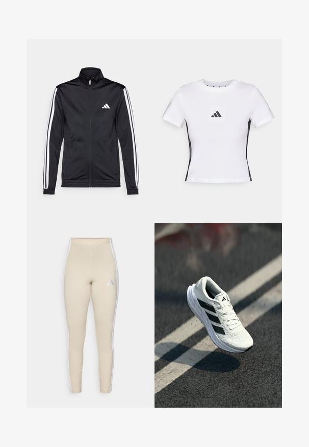Casaco atlético preto com gola alta, fecho frontal e riscas brancas ao longo das mangas. Apresenta um logótipo branco bordado no peito.; T-shirt branca de manga curta feita em algodão, com um logótipo preto da Adidas em um retângulo e detalhes laterais pretos. Decote redondo clássico.; Leggings bege com uma cintura alta, riscas brancas dos lados e um logótipo bordado com três riscas diagonais em roxo e azul.; Sapatilha de corrida branca com parte superior texturizada, design de três riscas pretas, colarinho almofadado e sola leve, posicionada no ar sobre uma superfície de estrada.