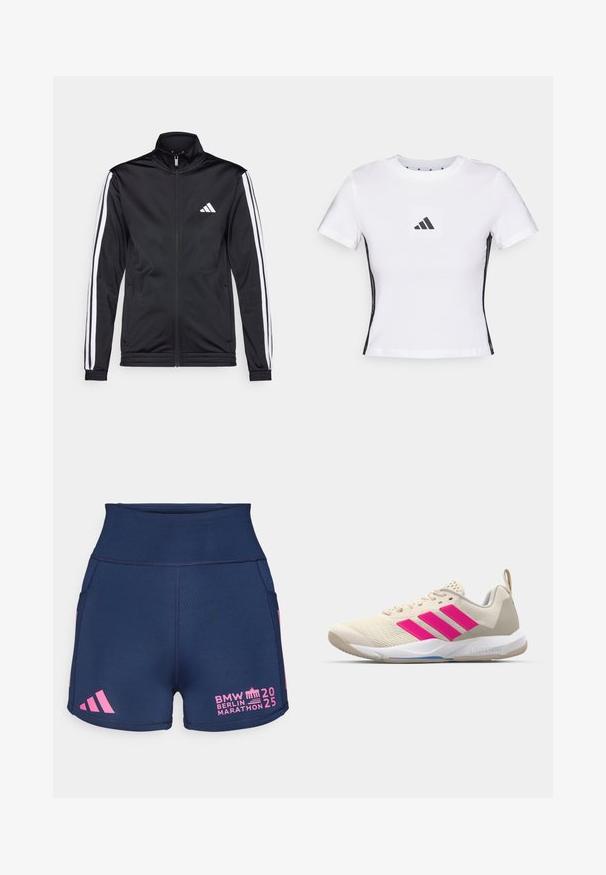 Svart idrottsjacka med hög krage, frontdragkedja och vita accentlinjer längs armarna. Har en broderad vit logotyp på bröstet.; Vit t-shirt med kort ärm i bomull, med en svart Adidas-logotyp i en fyrkantig patch och svarta sidodetaljer. Klassisk rund halsringning.; adidas Performance BER25 SHORT THIGHTS - Korta löptajts - collegiate navy; Beige idrottssko med rosa tre-stripes logotyp, texturerad meshöverdel, vadderad krage och vit gummisula, med "LIGHTSTRIKE"-branding.